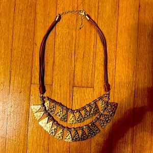 Golden Necklace with Small Beads and Tannish Brown Rope Like Chain